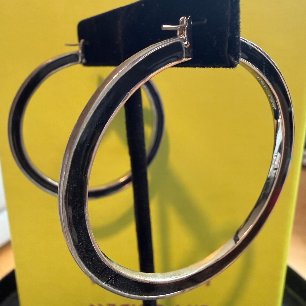 Trina Turk Black Enamel & Sterling Silver Hoop Earrings | 2" | Good Condition